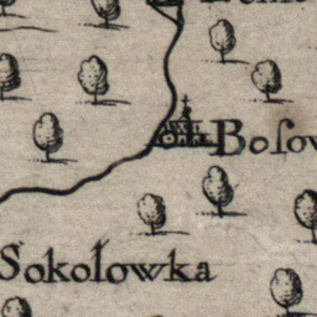 Old detailed map of Sokolowka, Poland, depicting geographical features like rivers, mountains, and cities with realistic tree illustrations and bold text.