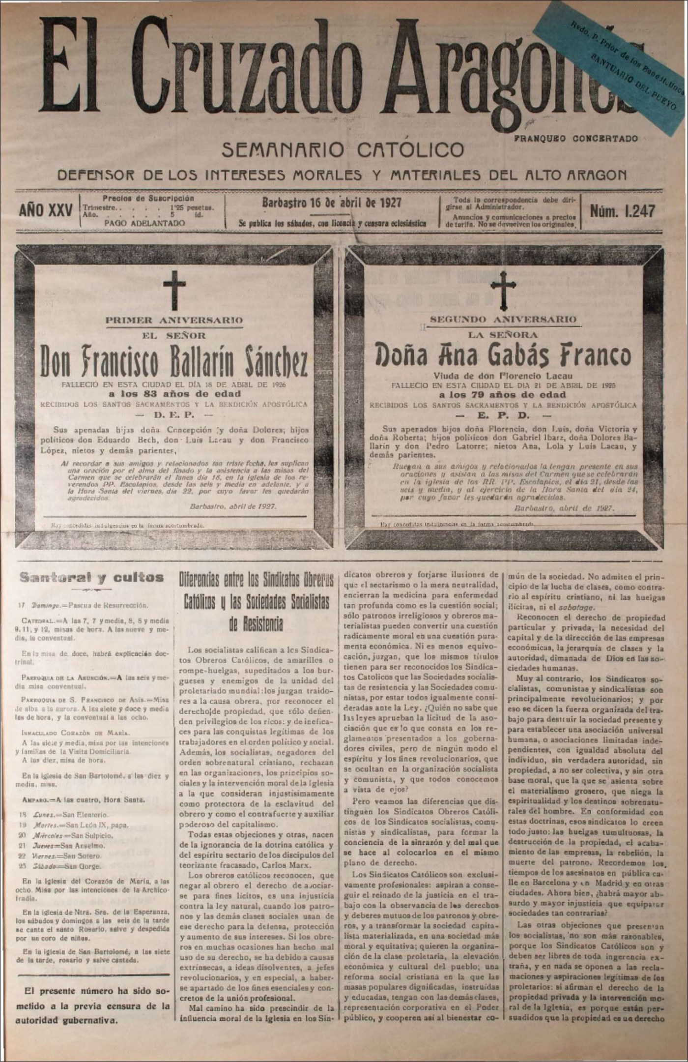 Gelblich verfärbte Titelseite der spanischen Zeitung *El Cruzado Aragon* mit Kursivschrift, einer fetten schwarzen Überschrift, die "El Cruzado Argentina" lautet, einem Schwarz-Weiß-Foto eines Mannes im Anzug mit ernstem Gesichtsausdruck und einem hellblauen Hintergrund.