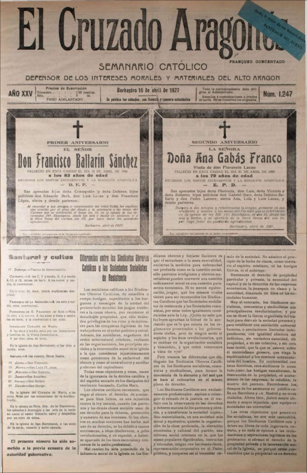 Gelblich verfärbte Titelseite der spanischen Zeitung *El Cruzado Aragon* mit Kursivschrift, einer fetten schwarzen Überschrift, die "El Cruzado Argentina" lautet, einem Schwarz-Weiß-Foto eines Mannes im Anzug mit ernstem Gesichtsausdruck und einem hellblauen Hintergrund.
