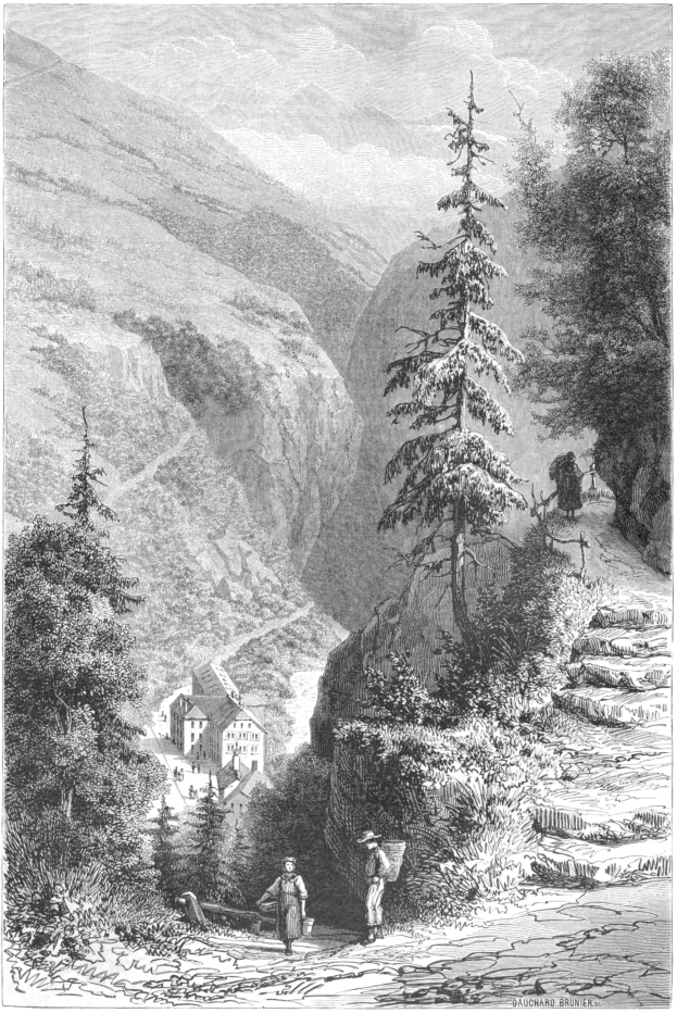 Eine Schwarz-Weiß-Radierung zeigt einen Mann, der auf einem Pfad in einer bergigen Landschaft mit Bäumen, Hügeln und einem bewölkten Himmel geht, mit dem Text "Alpine Village in Switzerland" unten.