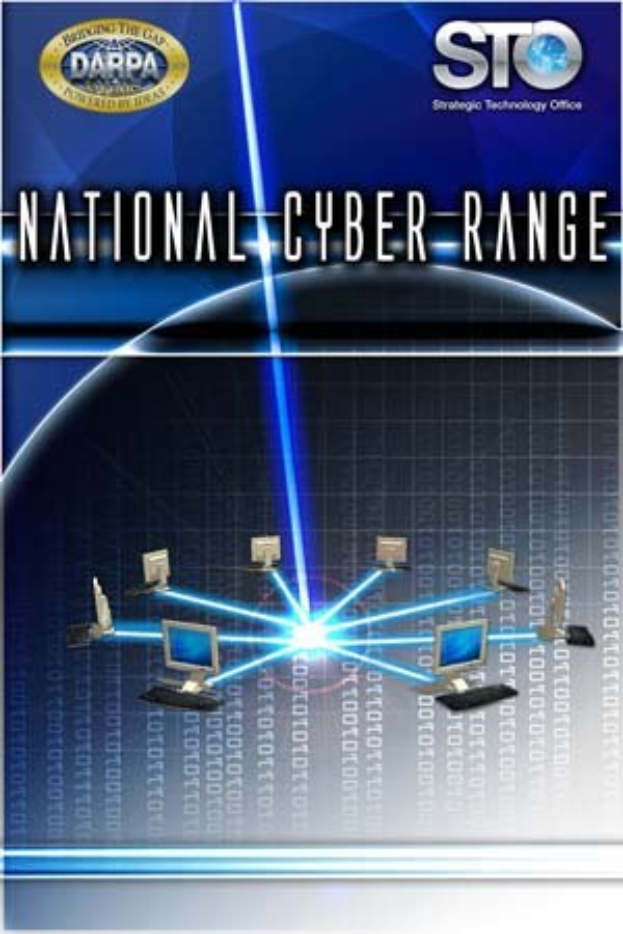 Plakat mit "National Cyber Range" in fetter weißer Schrift auf blauem Hintergrund, das eine Weltkugel mit vernetzten Computern zeigt.