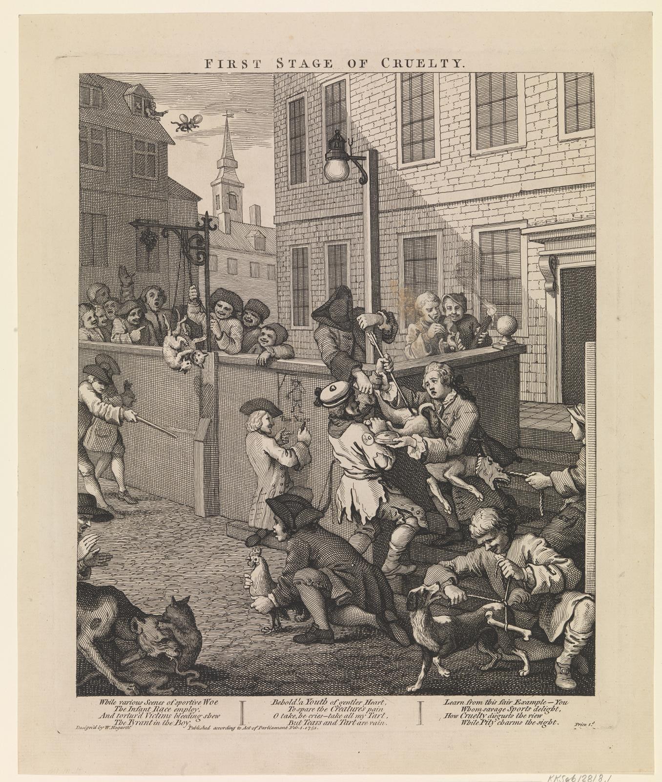 Eine Gruppe von Menschen und Tieren versammelt sich vor einem Gebäude mit Fenstern, einem Laternenpfahl und einem Himmel im Hintergrund, mit dem Text "Erste Stufe der Grausamkeit" unten.