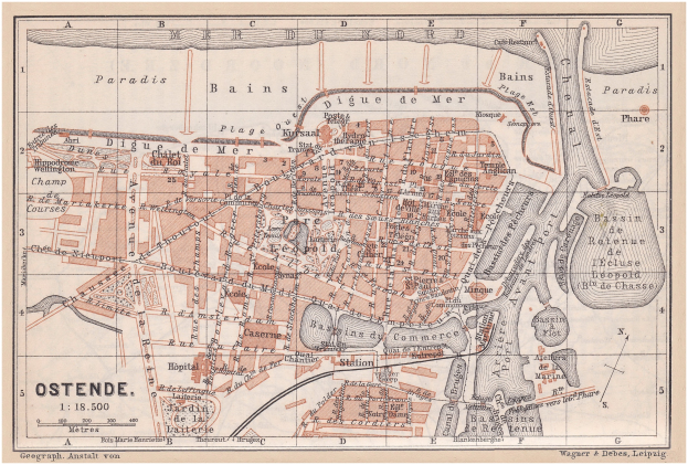 Old detailed map of Ostende, Germany, showing streets, buildings, landmarks, and text with additional city information.