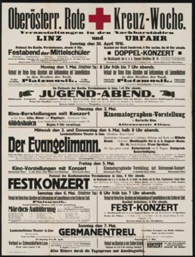 Ein altes deutsches Zeitungsinserat für das Deutsche Rote Kreuz aus dem April 1916 mit Text und einem Pluszeichen.