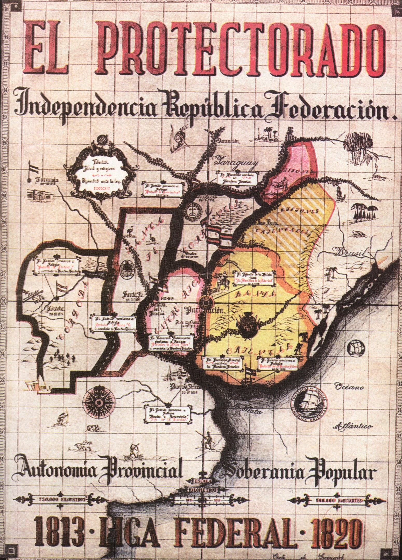 Detailierte Landkarte des El Protectorado, einer unabhängigen mexikanischen Republik, mit Regionen in verschiedenen Farben und mit geografischen Namen beschriftet.