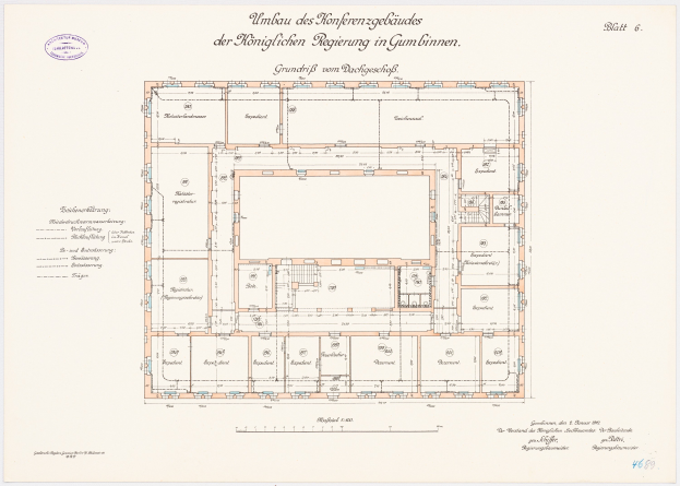 Black and white architectural floor plan of a multi-roomed building, specifically the ground floor of the Königlichen Regierung in Gumbinnen, with handwritten annotations detailing the layout.