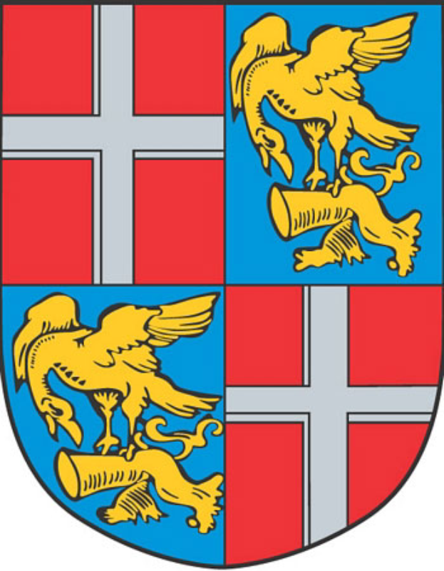 Das Wappen von Stuttgart, Deutschland, zeigt einen Schild mit roten und blauen Abschnitten, zwei gegenüberliegenden Löwen auf jeder Seite und einem goldenen Kreuz in der Mitte.