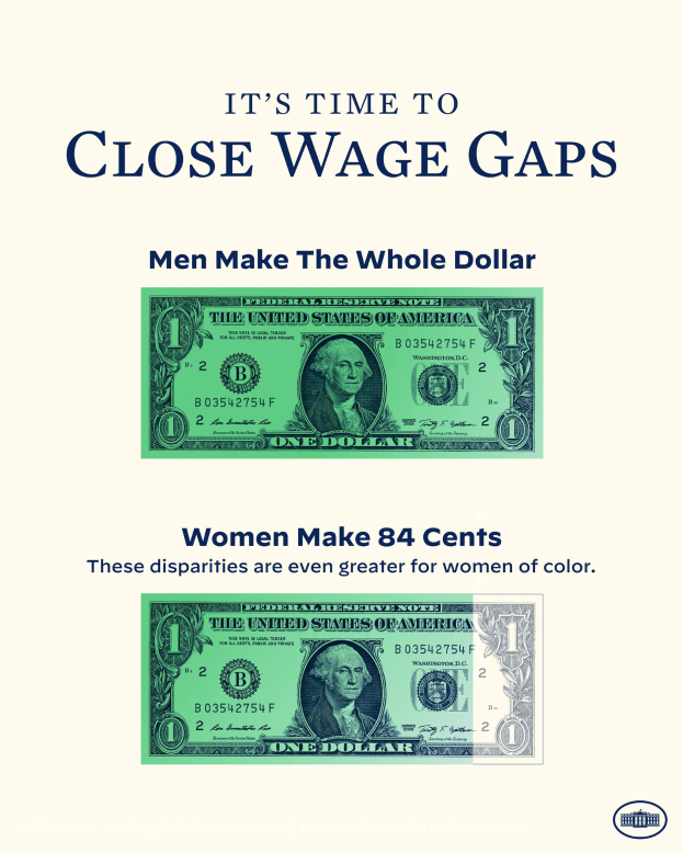 Ein Plakat mit einem Dollar-Symbol und dem Text "Es ist an der Zeit, Lohnlücken zu schließen, Männer machen den ganzen Dollar."