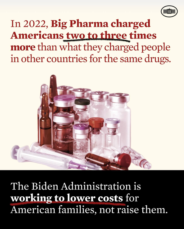 A poster stating that in 2022, Big Pharma charged Americans two to three times more than other countries for the same drugs, with images of medication bottles and a syringe below the text.