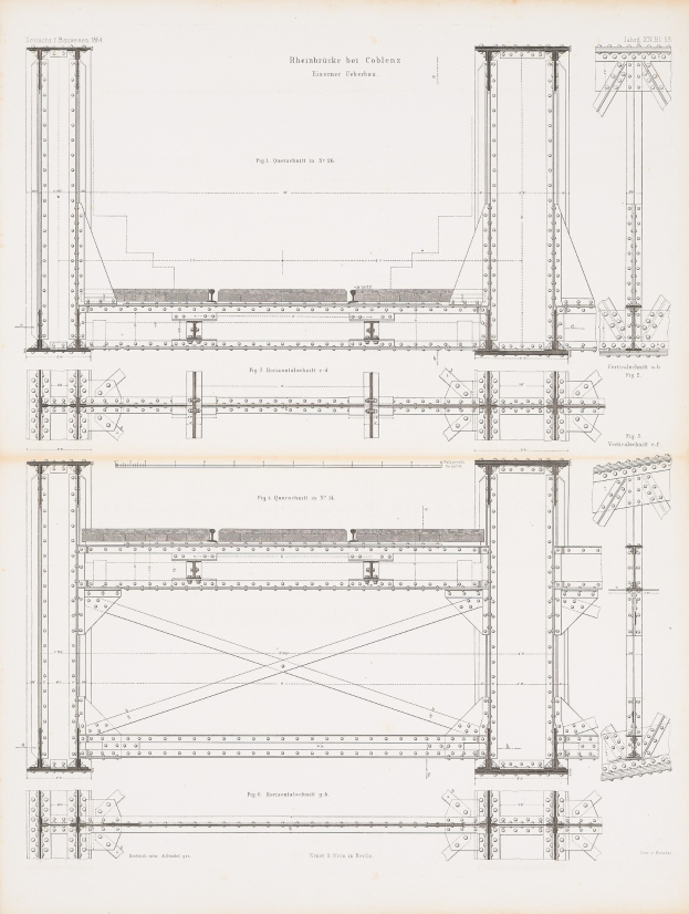 Detailed construction plan drawing of a bridge with labeled structural components, including beams and cables, from a book page.