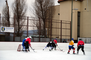 Personen beim Eissport auf einer Eisbahn mit Gebäuden, Bäumen, einer Straßenlaterne, einem Namensschild und Zäunen im Hintergrund unter einem Himmel.