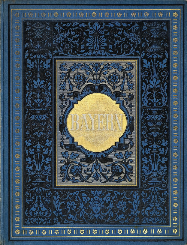 Ein blau-goldenes Buch mit dem Wort "Bayern" darauf, verziert mit detailreichen Designs.
