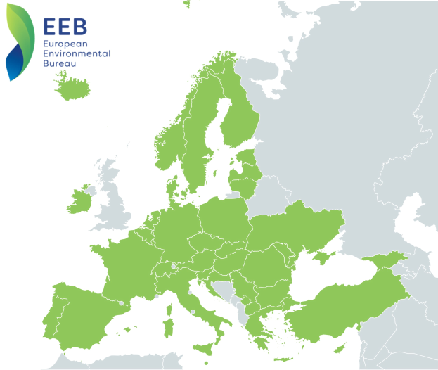 A map of Europe with the European Environmental Bureau logo in the top left corner, shaded in various greens to indicate EU regions.