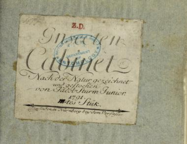Ein altes Buch mit dem Titel "Z.D. Nürnberg, Deutschland, 1791" mit einem Stempel der ersten Auflage und handgeschriebenem Text auf dem Papier.