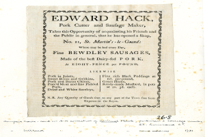 Ein Blatt Papier mit der Aufschrift "Edward Hack, Schweineschlachter und Wursthersteller".