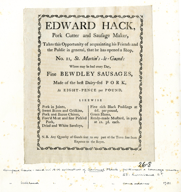 Ein Blatt Papier mit der Aufschrift "Edward Hack, Schweineschlachter und Wursthersteller".
