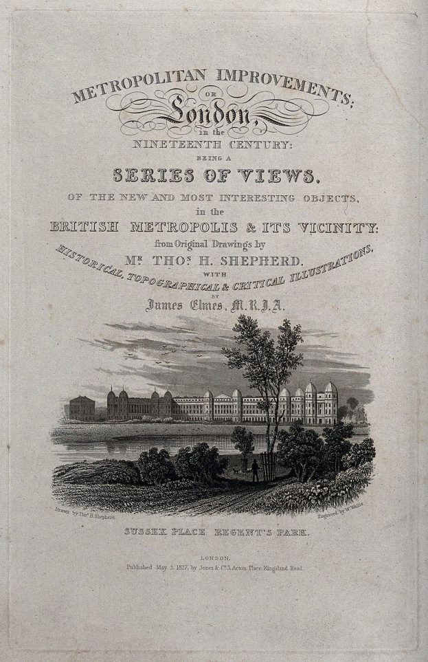 Old book cover with a detailed cityscape illustration featuring green trees, tall buildings, and classic serif text.