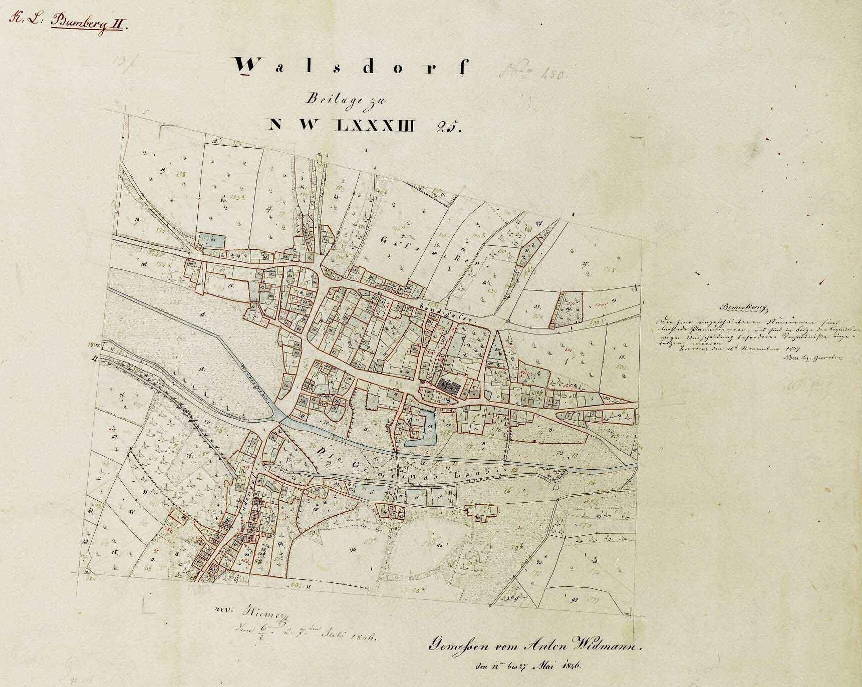 Old detailed map of Walsdorf, Germany, showing streets, buildings, and landmarks with accompanying text.