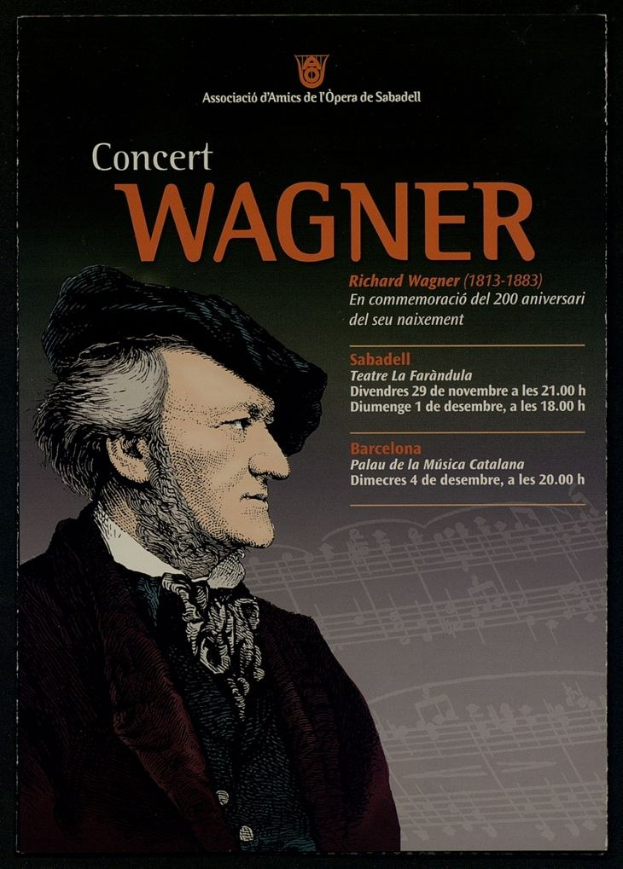 Plakat für ein Konzert mit einem Porträt von Richard Wagner in einem schwarzen Anzug mit zurückgekämmtem Haar vor einem hellblauen Hintergrund mit fetter schwarzer Schrift.
