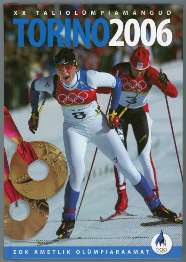Plakat für die Olympischen Winterspiele 2006 in Turin, Italien, das zwei Skifahrer auf dem Schnee zeigt mit "Torino 2006" oben drauf.
