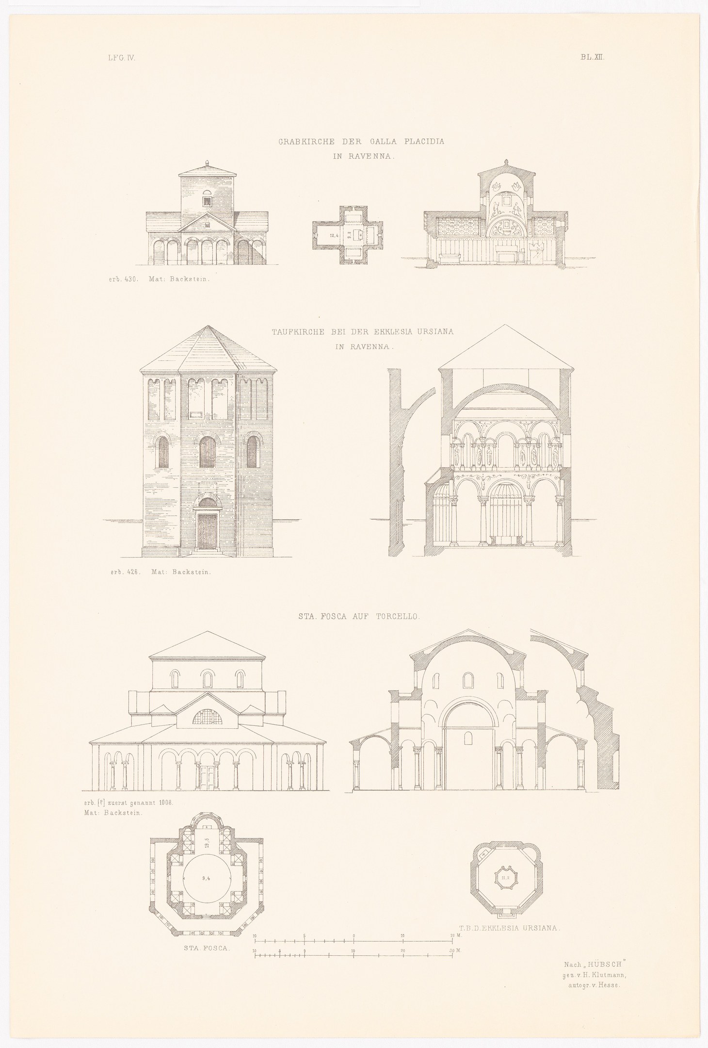 A page from a book featuring detailed drawings of various buildings with distinct architectural styles, accompanied by descriptive text about their history.