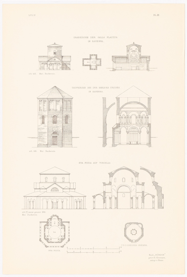 A page from a book featuring detailed drawings of various buildings with distinct architectural styles, accompanied by descriptive text about their history.