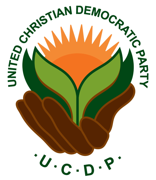 Logo of the United Christian Democratic Party (UCDP) featuring a hand holding a bright yellow flower with a green stem and leaves, set against a white background with a blue and yellow circle in the center, and the text "UCDP" in bold black font below.