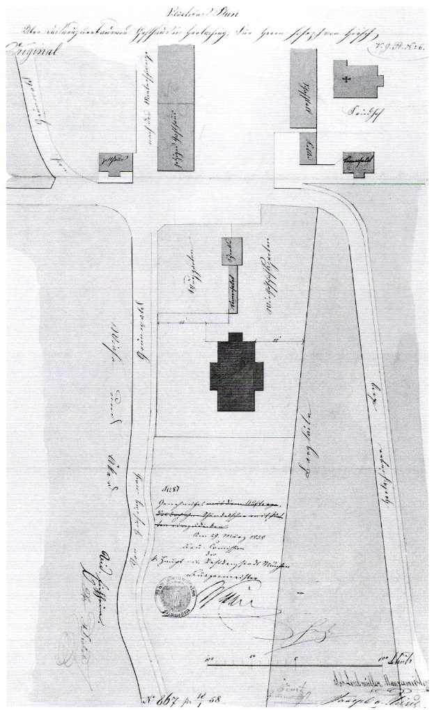 Eine Schwarz-Weiß-Zeichnung einer Stadtkarte mit zahlreichen Gebäuden, die mutmaßlich ein Lageplan für einen neuen Bau in London ist, mit Texten zur Gebäudeplanung.