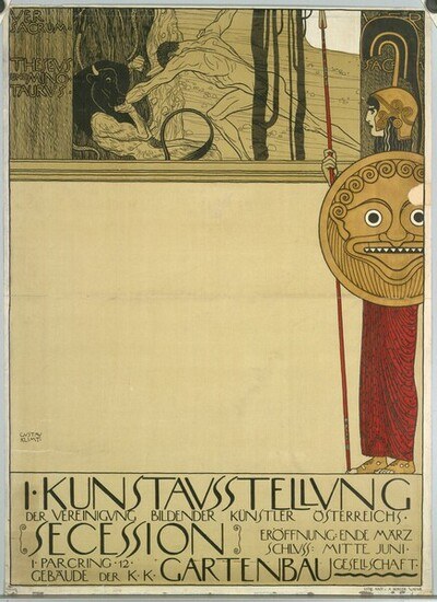 Poster for the Kunststävstellung secession in Gartenbau, Germany, depicting a person in a long dress holding a stick, with bold white text on a deep blue background featuring stars.
