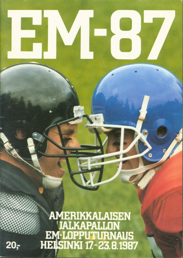 Ein Buchumschlag mit zwei Football-Spielern in Helmen mitten im Spiel, mit dem Text "em-87 Football-Programm".