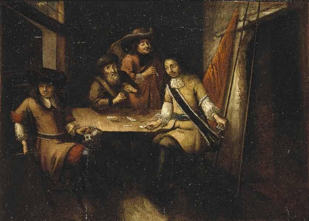 Gemälde mit dem Titel "Das Kartenspiel" von Rembrandt van Rijn, das eine Gruppe von Menschen beim Kartenspielen an einem Tisch in einer Schenke zeigt, mit einem Vorhang und einem Fenster rechts daneben.