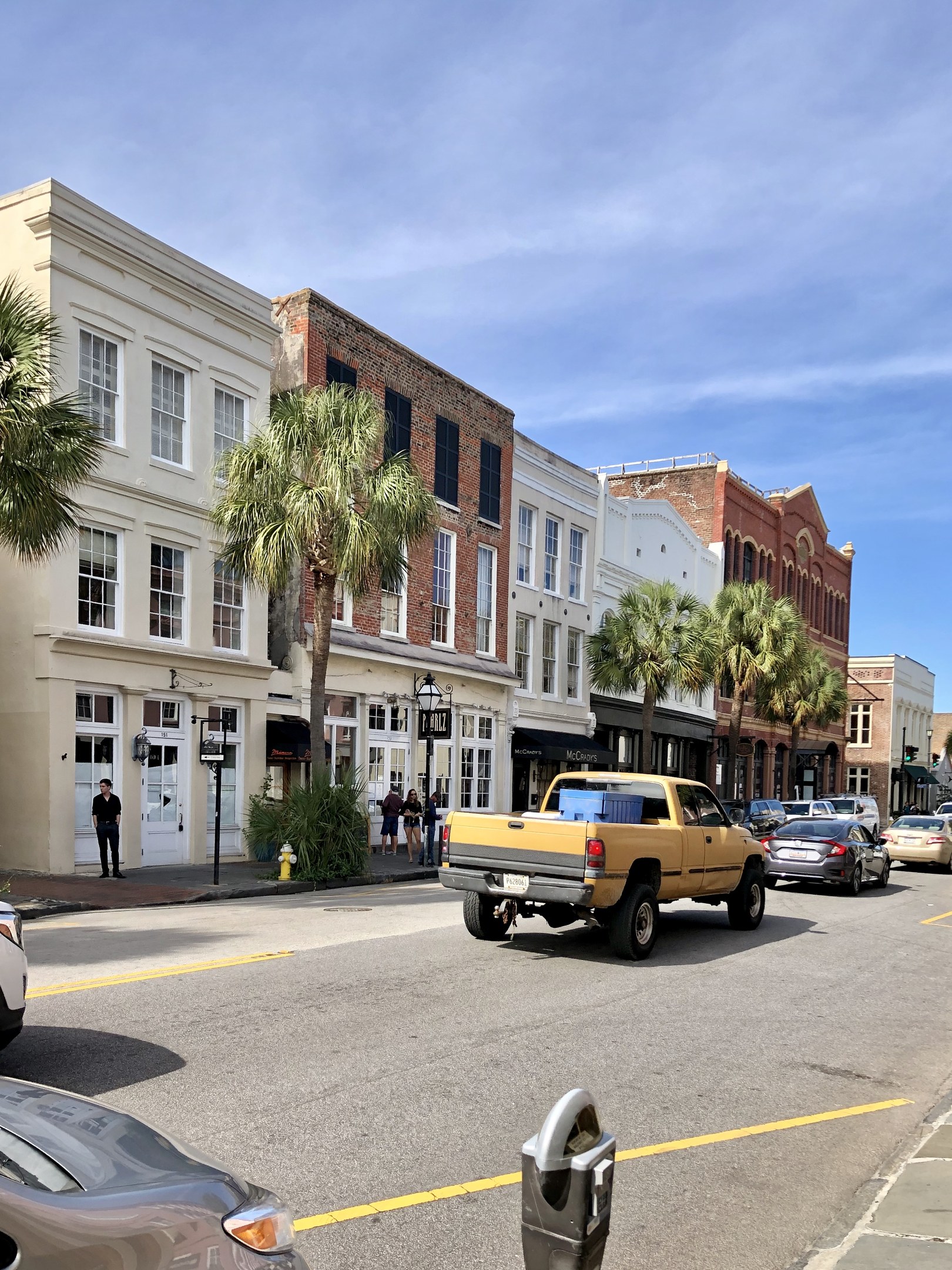 A city street with parked cars, buildings, trees, light poles, pedestrians on the sidewalk, a cloudy sky, and a parking meter at the bottom.
