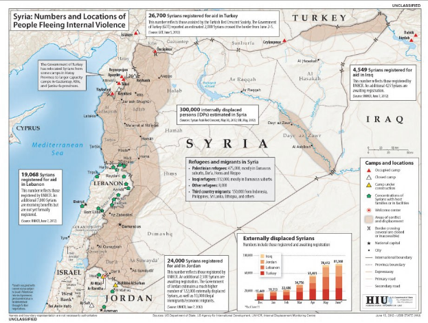 Plakat mit einer Karte von Syrien, die die Binnendifferenzierung aufgrund von Gewalt zeigt, begleitet von Text und Grafiken.