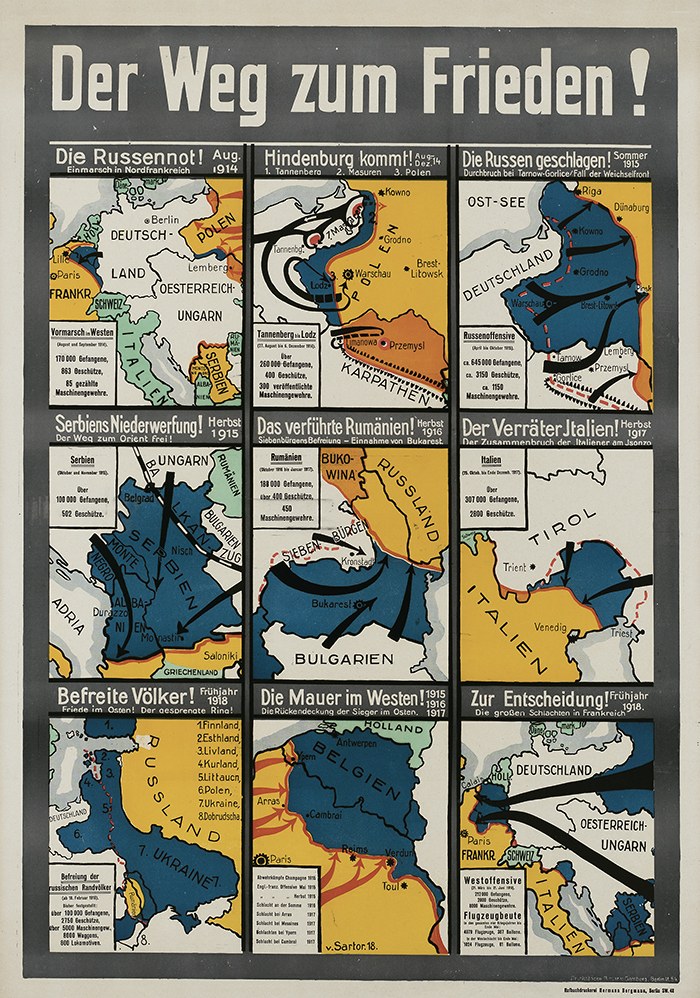 A poster titled "Der Weg zum Frieden" featuring a colorful map of Germany with various symbols.