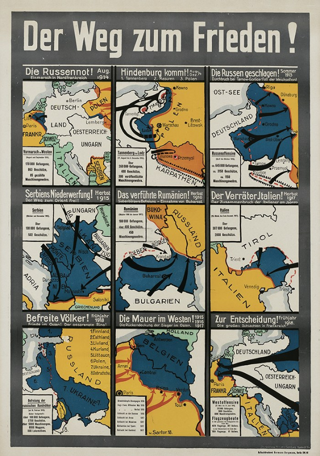 A poster titled "Der Weg zum Frieden" featuring a colorful map of Germany with various symbols.