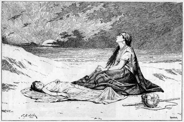 A woman in a long dress sits on the beach next to a man lying on his back in the sand, with trees and sky in the background and text at the bottom reading "E.K. Ritchie's illustration of the death of a woman."