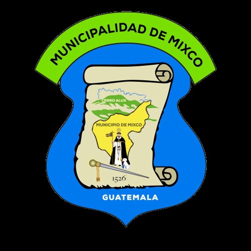 Blaues Schild-Logo mit einem weißen Stern, unterteilt in Abschnitte, die eine Karte von Mexiko und das Wappen Guatemalas zeigen, umrandet von einem weißen Banner mit blauem Text, der "Municipalidad de Mexico" liest.