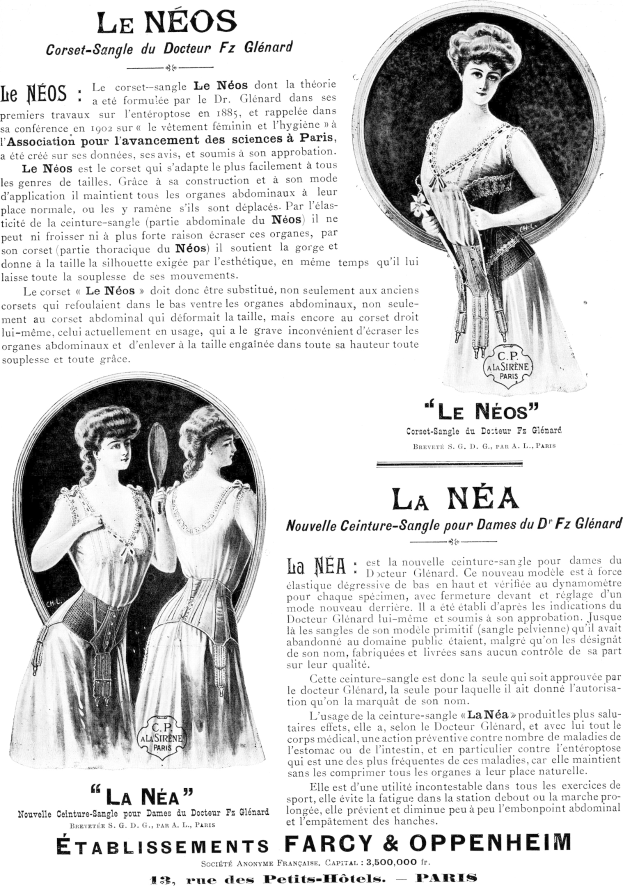 Vintage 1920s advertisement poster for a women's dress featuring a woman in a long, high-necked dress with an updo, holding a pose with clasped hands, and bold black text reading "Le Neos."
