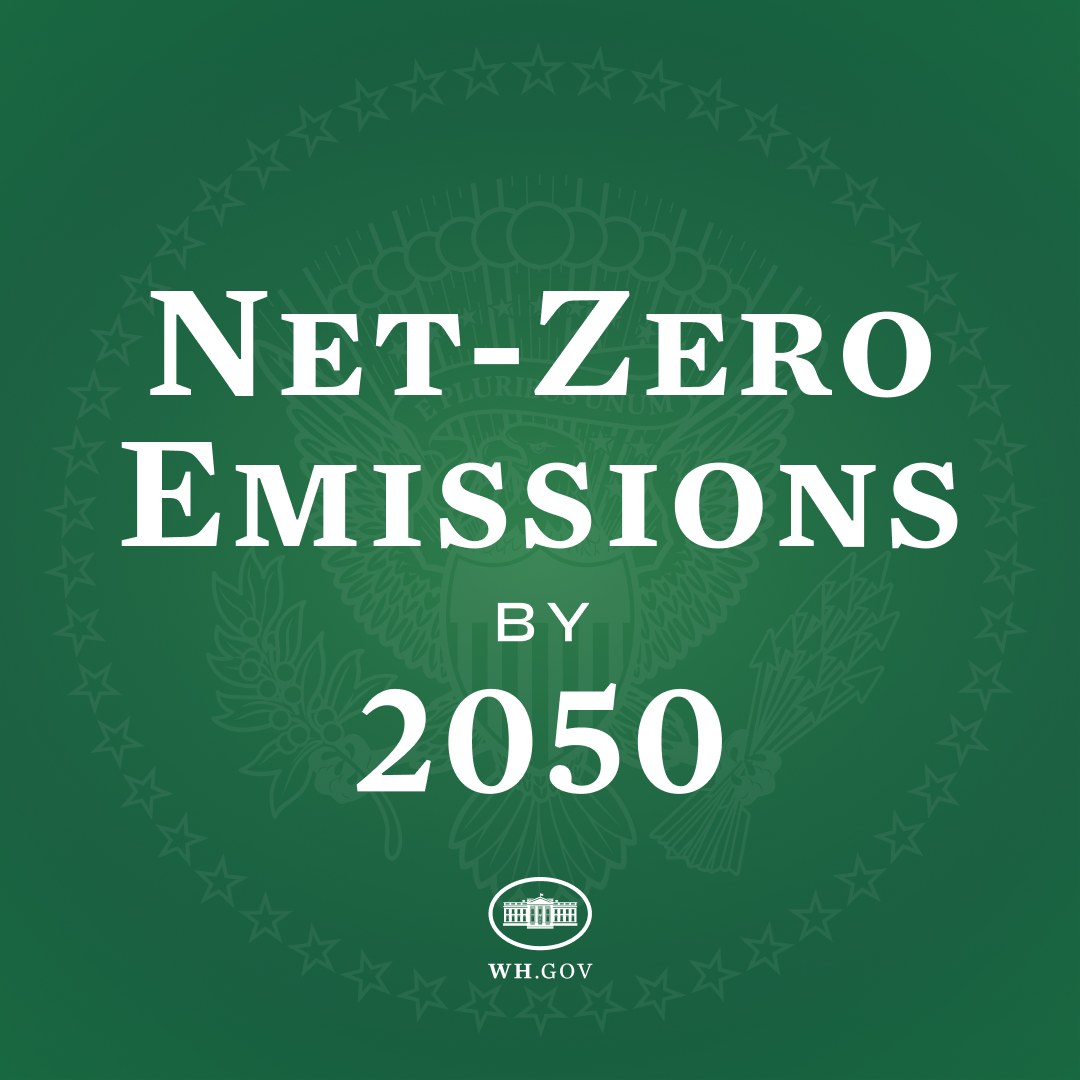 Weißer fetter Text auf einem grünen Hintergrund mit der Aufschrift "netto-null-Emissionen bis 2050."