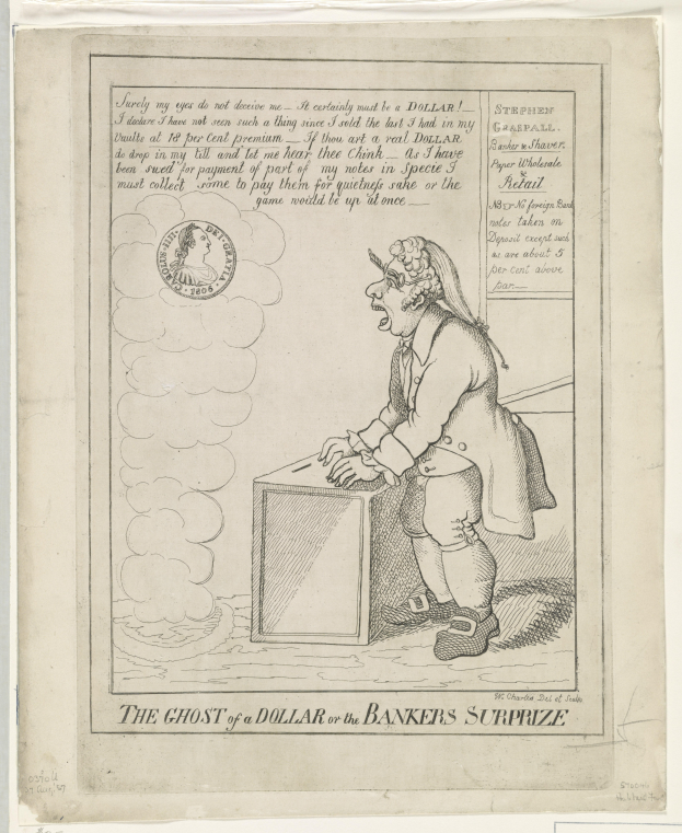 Zeichnung einer Person vor einer Box mit ängstlichem Gesichtsausdruck und der Inschrift "Der Geist eines Dollars oder die Überraschung der Banker"