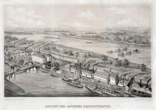 Engraving of Auschwitz-Birkenau, Poland, depicting buildings, trees, a bridge, boats in the water, and a cloudy sky.