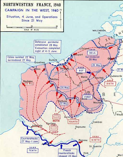 Ein Plakat, das eine detaillierte Karte von Nordfrankreich während des Westfeldzugs 1940 zeigt, mit Text und Zahlen annotiert.