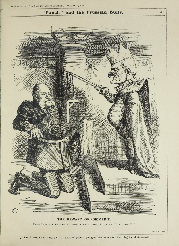 Eine Karikatur auf einem Blatt zeigt einen gekrönten Mann mit einem Stock und eine besorgte Frau in einem Kleid, mit der Aufschrift "Punch und der preußlische Grobian".