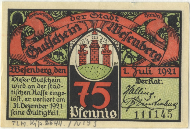 Eine alte deutsche Banknote mit einem Gebäude darauf, mit der Aufschrift 'Bundesliga' und einem Logo unten, vor einem weißen Hintergrund.