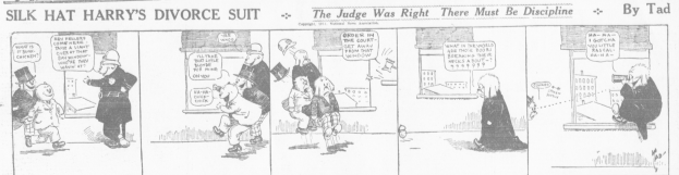 Cartoon-Illustration eines Mannes in einem schwarzen Anzug mit weißem Hemd und schwarzer Krawatte und einer Frau in einem eleganten Kleid mit schwarzem Schal, beide mit ernsten Gesichtern, beschriftet mit 'Scheidungskostüm.'