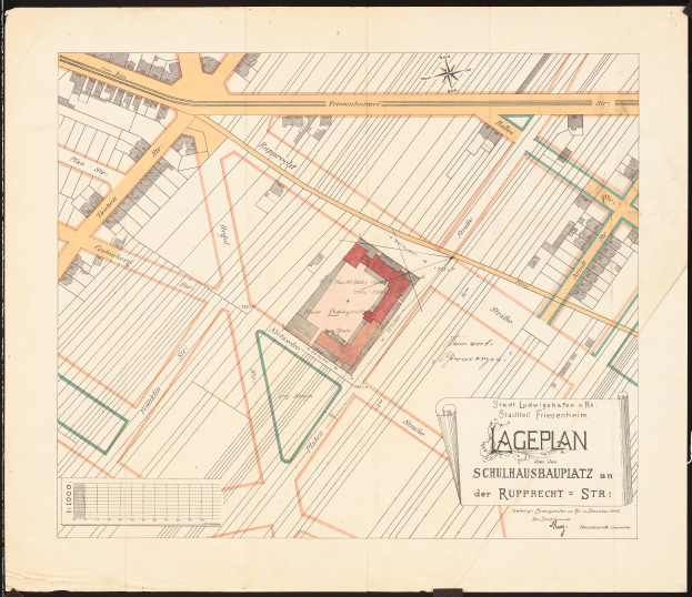 Ein altes Lageplan-Karte von Deutschland mit schwarzem Rand, die detaillierte Straßen, Gebäude und Sehenswürdigkeiten zeigt.