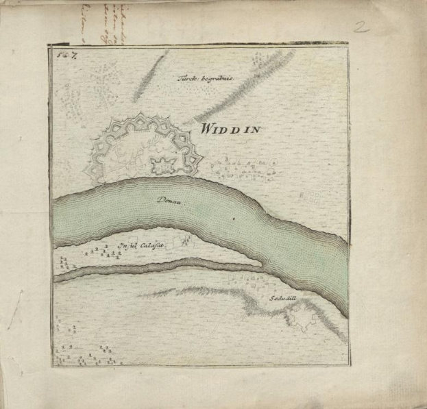 Ein altes Buch mit einer detaillierten Karte eines Flusses mit geografischen Merkmalen wie Bergen, Flüssen und Städten, begleitet von erklärendem Text.