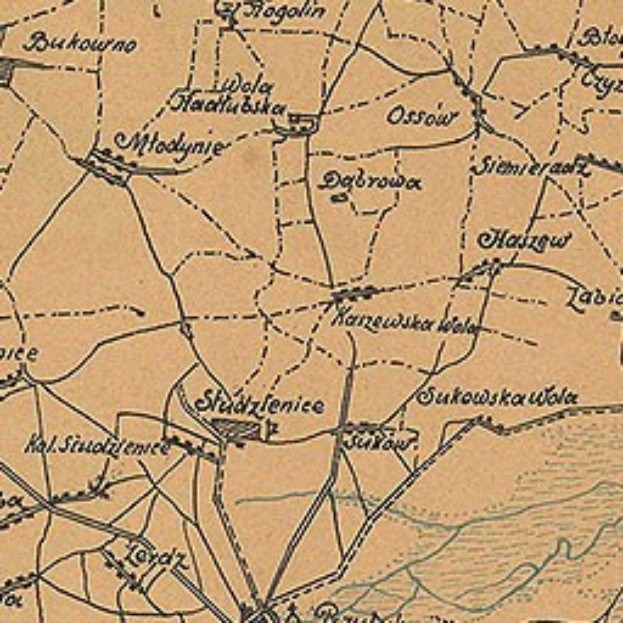 Detailed old map of Stadtzenice displaying streets, buildings, landmarks, and text with population, road, and location information.