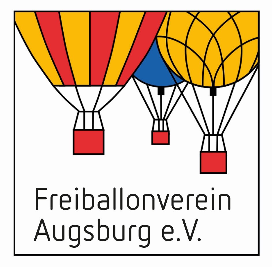 Poster for Freiballonverein Augsburg e.V. featuring brightly colored hot air balloons floating in the sky with sunlight shining down, and bold black text.