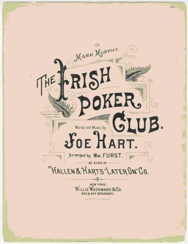 Ein gerahmtes Poster mit 'The Irish Poker Club' in fetter schwarzer Schrift auf einem weißen Hintergrund, eingerahmt von einer schmalen schwarzen Linie und mit einer bunten Kleeblatt-Illustration.